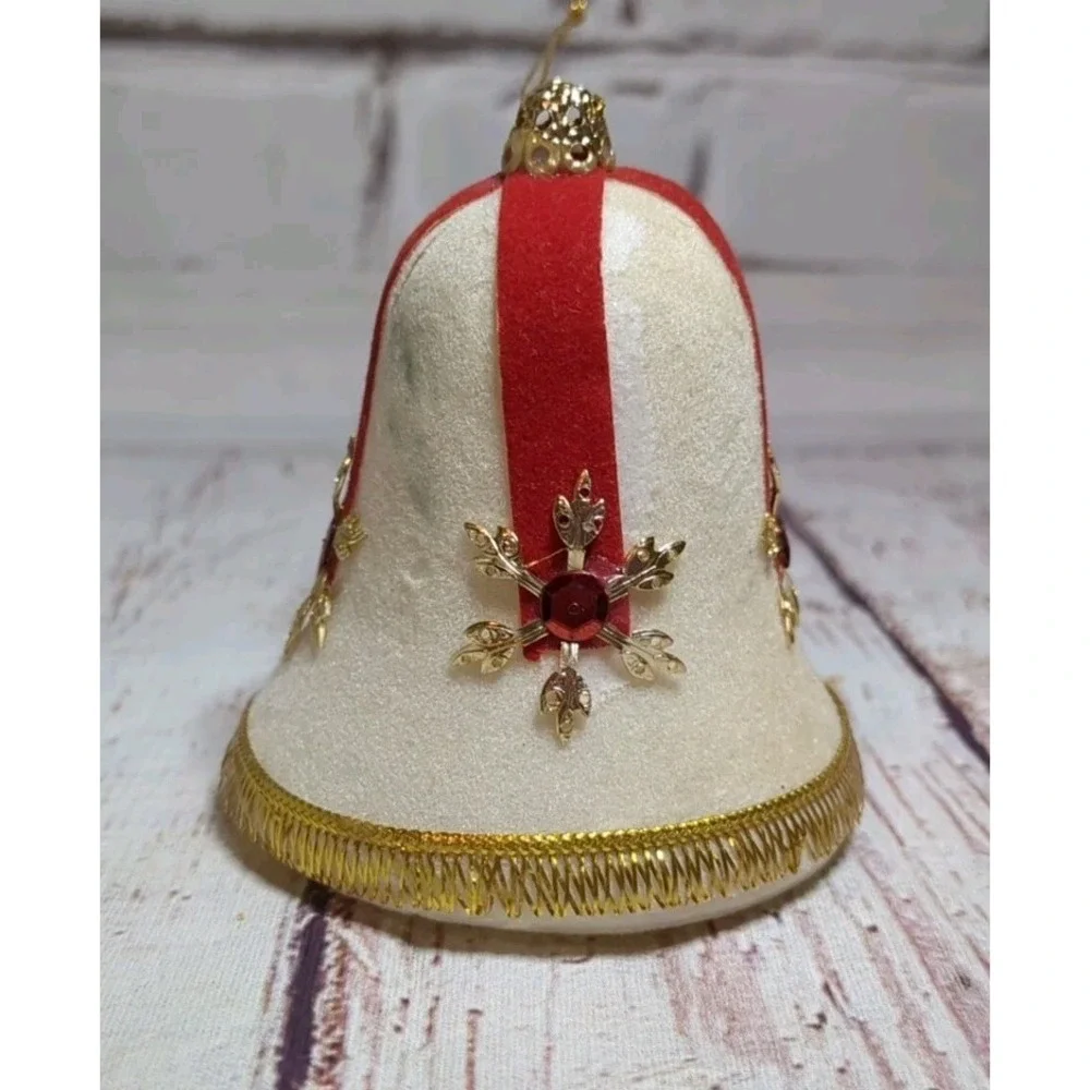 Vintage White Flocked Bell Christmas‎ Ornaments Ribbons Gold Trim 2-1/2